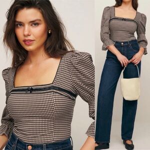 Reformation Amalie Blouse Top Brown in Tartine Check Size 2